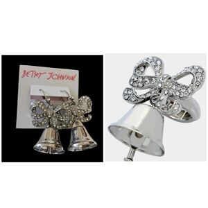 BETSEY JOHNSON SET Silver Bell Weddings Bridal Shower Party Earrings & Ring NWT